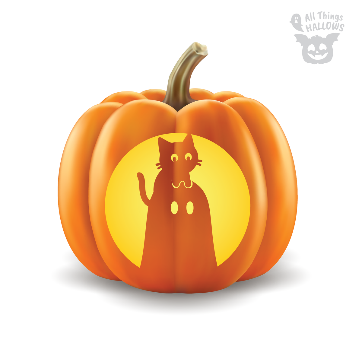 Cat on Ghost Head Pumpkin Stencil shown carved into an orange pumpkin with a glowing circular background.