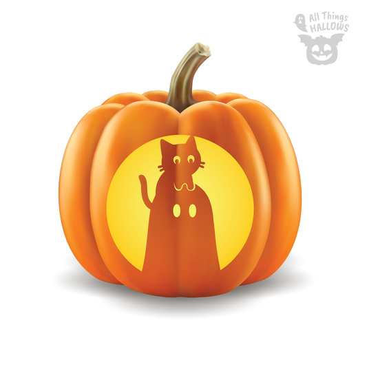 Cat on Ghost Head Pumpkin Stencil shown carved into an orange pumpkin with a glowing circular background.