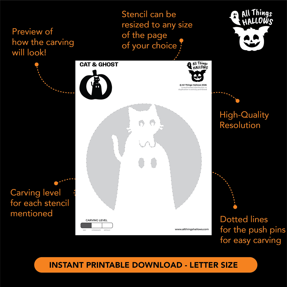 Printable Cat on Ghost Head Pumpkin Stencil template with carving level, resizing information and push-pin guidelines.