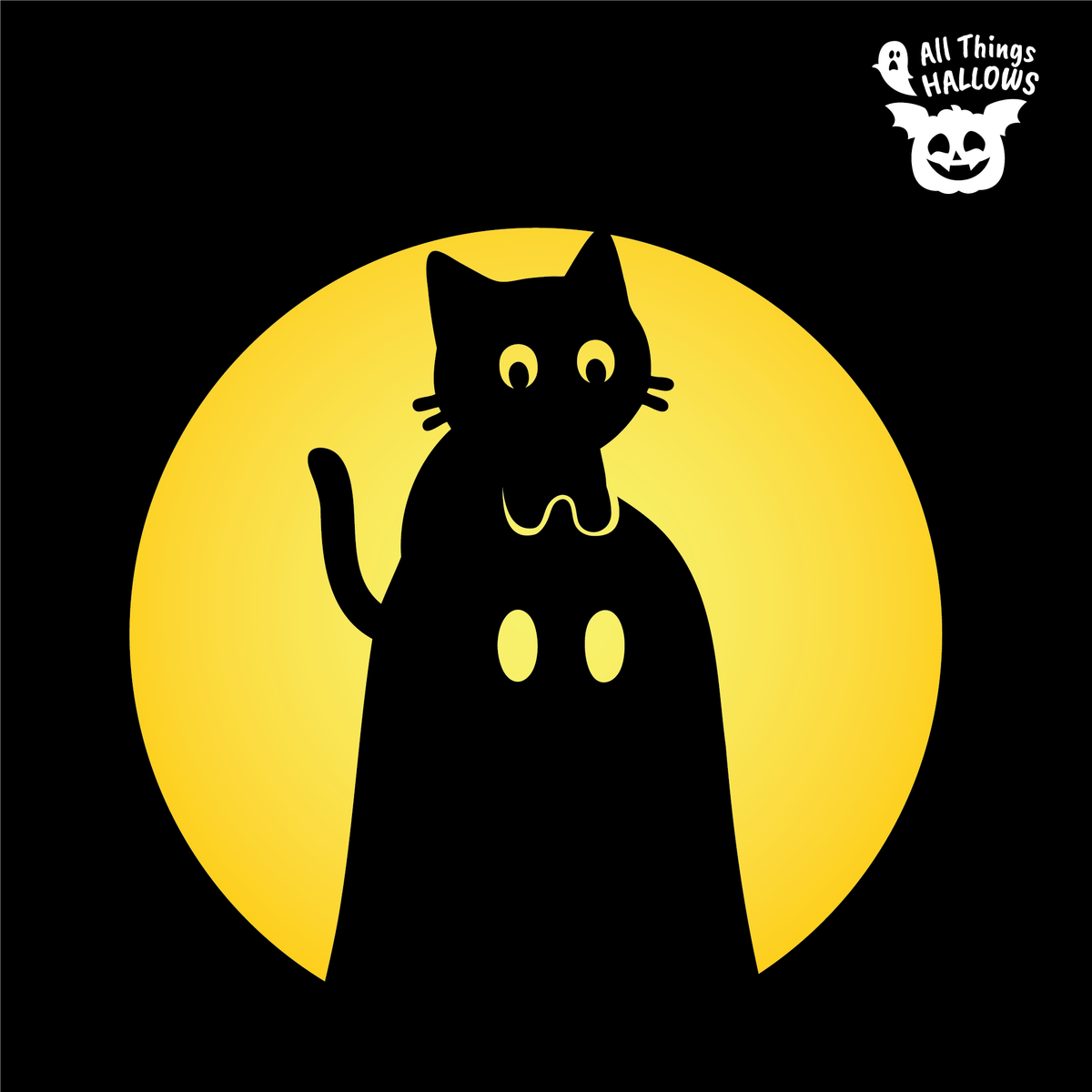 Cat on Ghost Head Pumpkin Stencil design featuring a black cat perched on top of a ghost silhouette against a glowing yellow circle.