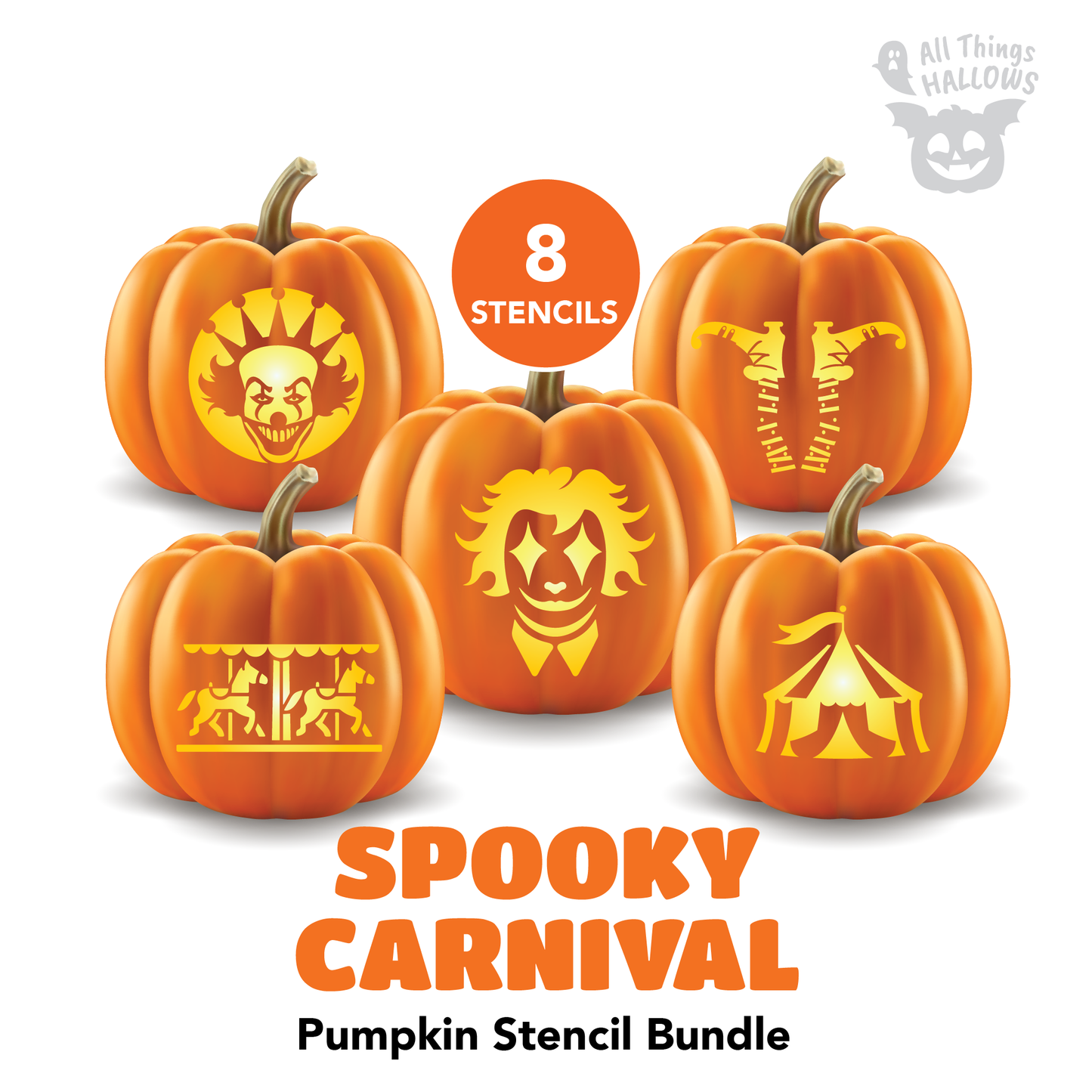 Spooky Carnival Pumpkin Carving Stencil Bundle featuring 8 printable Halloween pumpkin carving templates with creepy clown, haunted carnival tent, carousel, and circus themed designs.