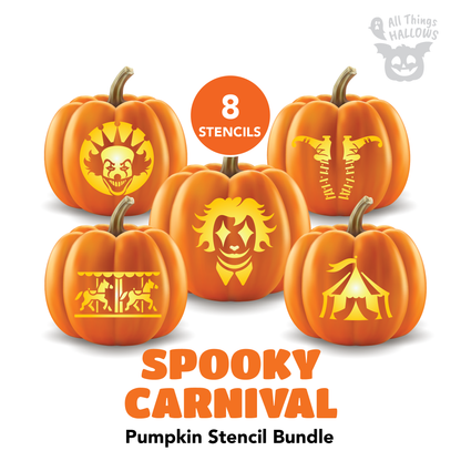 Spooky Carnival Pumpkin Carving Stencil Bundle featuring 8 printable Halloween pumpkin carving templates with creepy clown, haunted carnival tent, carousel, and circus themed designs.