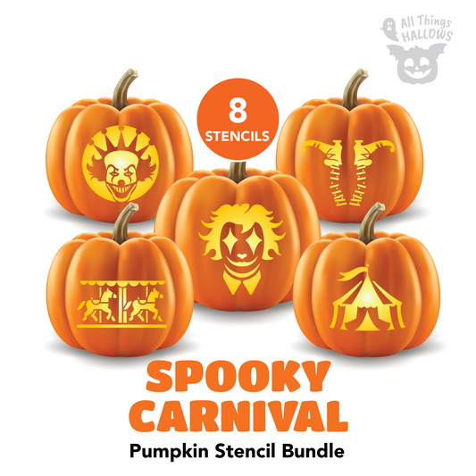 Spooky Carnival Pumpkin Carving Stencil Bundle featuring 8 printable Halloween pumpkin carving templates with creepy clown, haunted carnival tent, carousel, and circus themed designs.