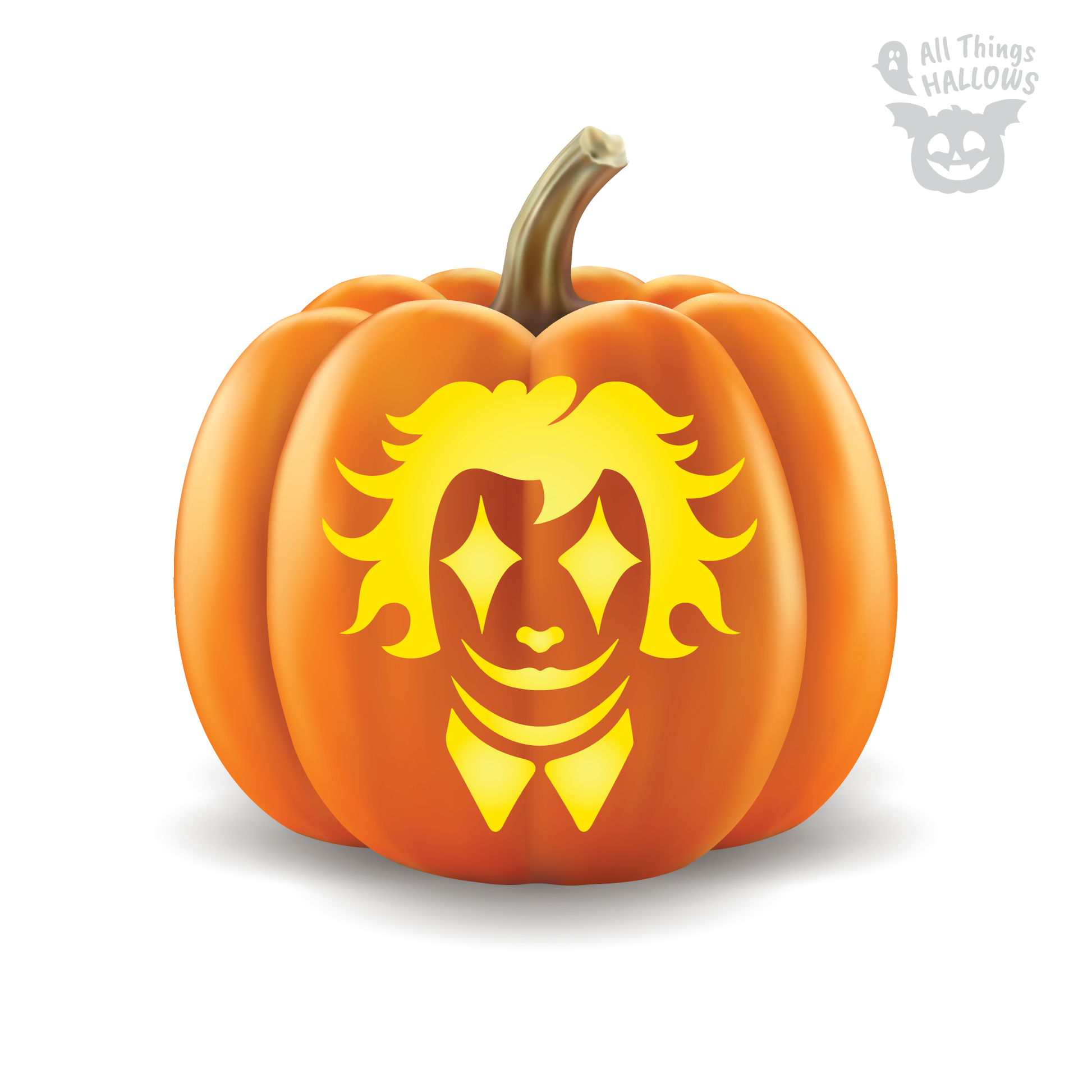 Scary clown pumpkin stencil featuring sparkling eyes and messy hair carved into a Halloween pumpkin.