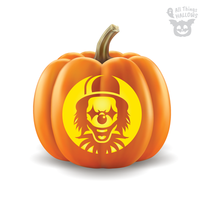 Creepy clown pumpkin stencil with a round clown face, hat, and glowing carved pumpkin design for Halloween.