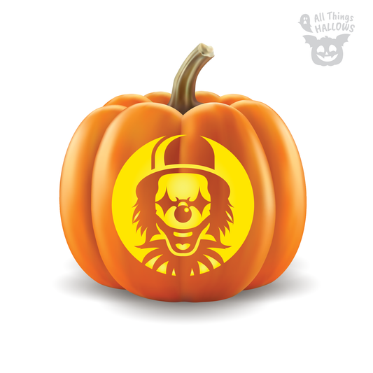 Creepy clown pumpkin stencil with a round clown face, hat, and glowing carved pumpkin design for Halloween.