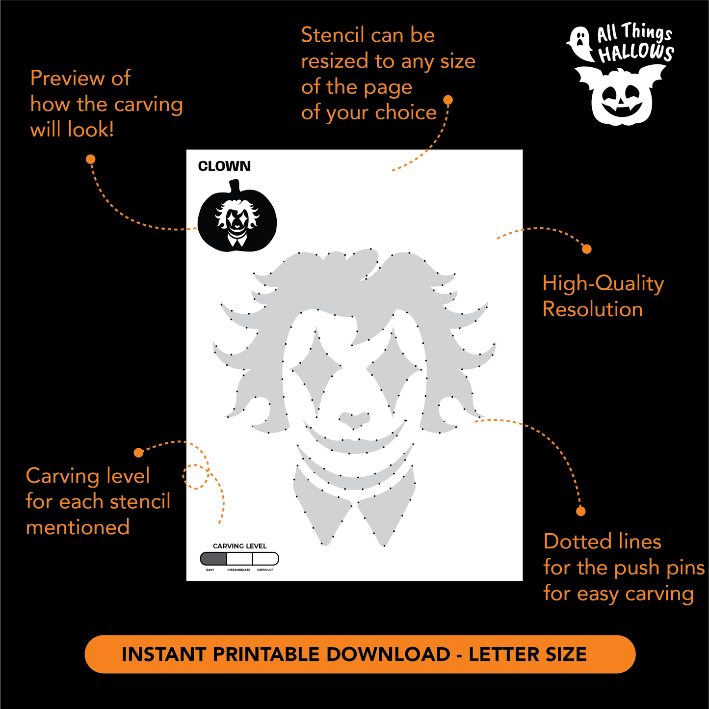 Printable clown pumpkin stencil template showing carving preview, push-pin guide dots, carving difficulty, and instant digital download.