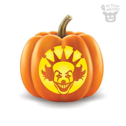 Evil jester clown pumpkin stencil featuring a sinister grin and crown carved into a Halloween pumpkin.