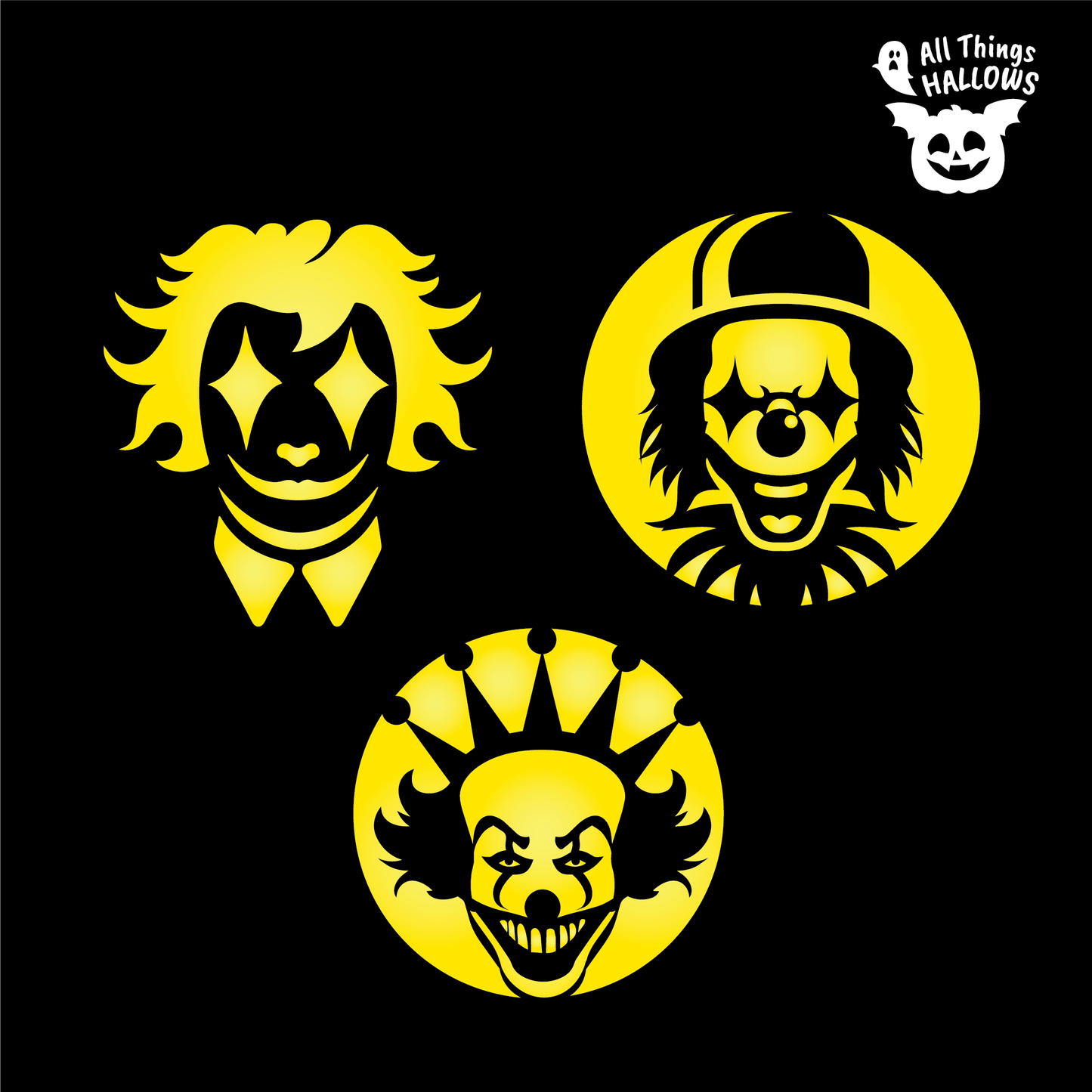 Three printable clown pumpkin stencil designs featuring spooky carnival-inspired faces for Halloween pumpkin carving.