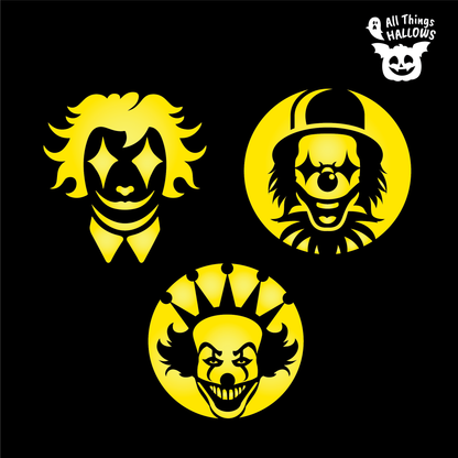 Three printable clown pumpkin stencil designs featuring spooky carnival-inspired faces for Halloween pumpkin carving.