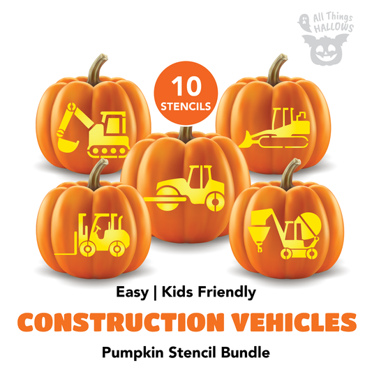 Construction Vehicles Pumpkin Stencil Bundle with 10 easy kid-friendly pumpkin carving templates featuring excavators, bulldozers, trucks and construction machines.