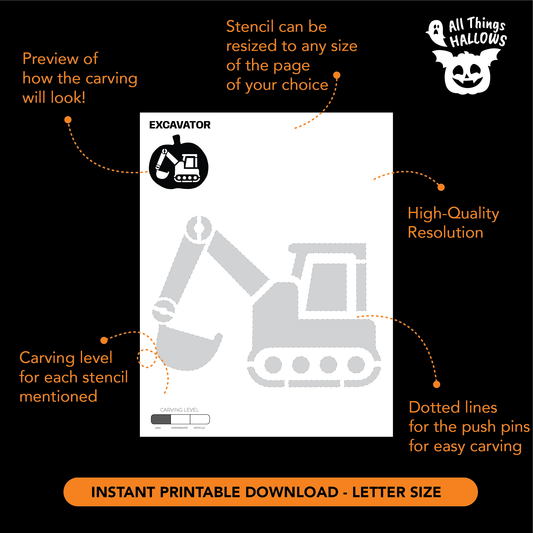 Printable excavator pumpkin stencil preview showing a high-quality construction vehicle carving template with resizing, carving level and push-pin guidelines.