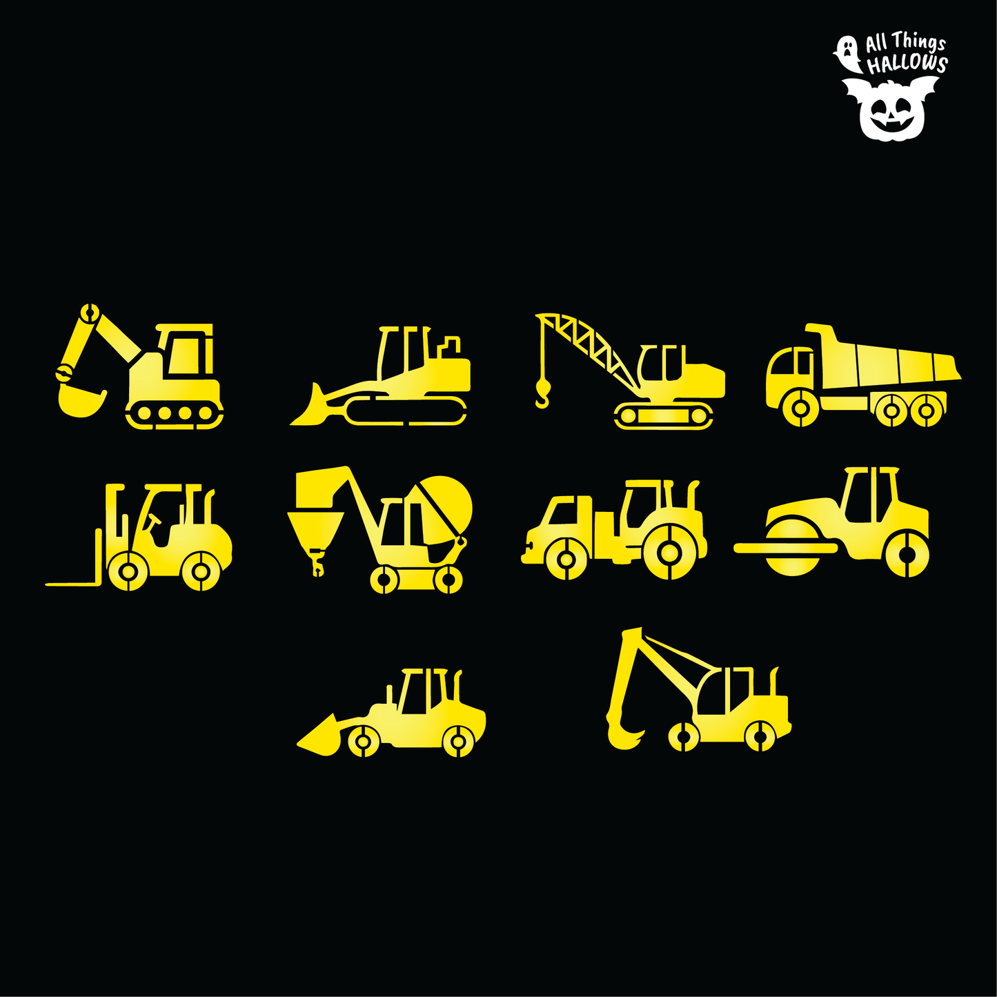 Collection of 10 construction vehicle pumpkin stencil designs including excavator, bulldozer, crane, dump truck, forklift, cement mixer, tractor, road roller and loader.