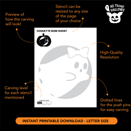 Printable Coquette Bow Ghost Pumpkin Stencil showing the ghost and bow carving pattern, resizing option, carving level and dotted transfer guidelines.