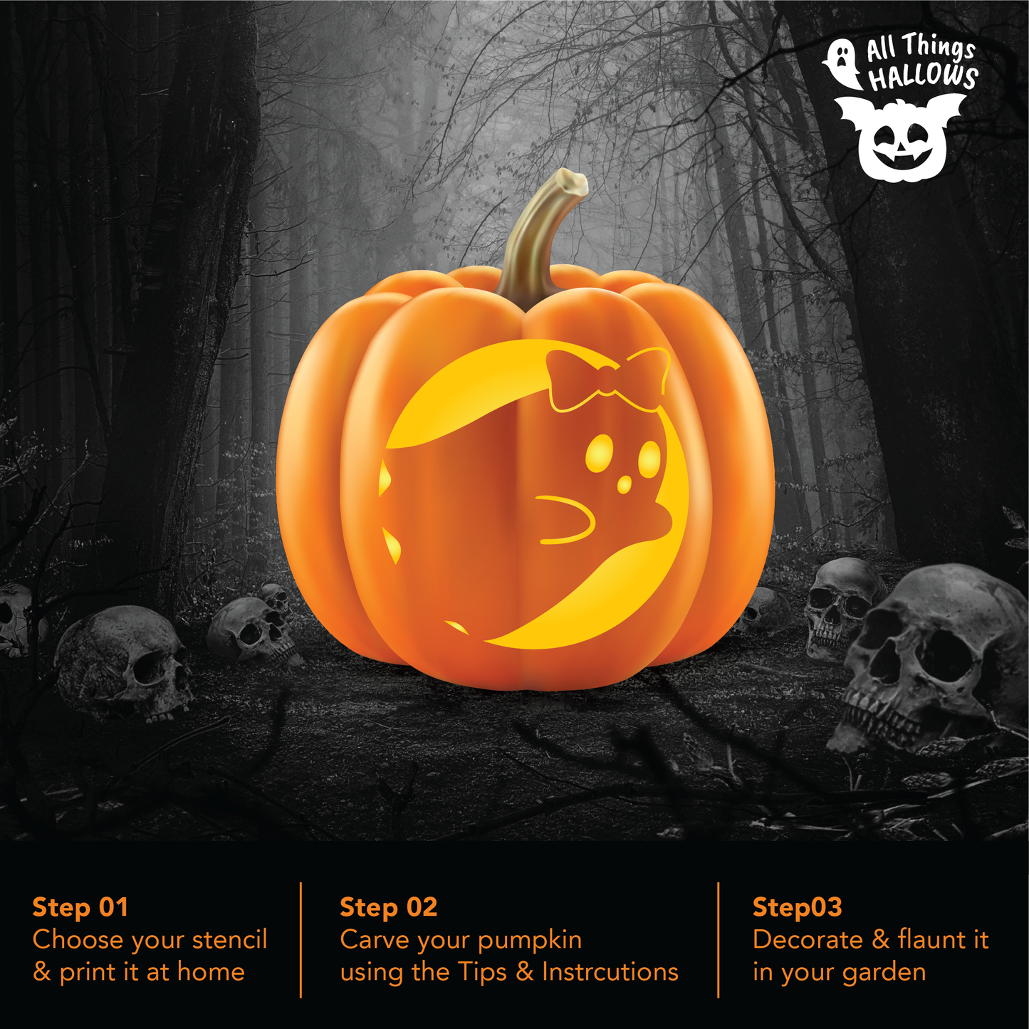 Coquette Bow Ghost jack-o'-lantern glowing in a spooky Halloween forest, showing the finished printable pumpkin stencil design.
