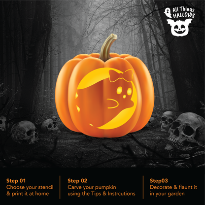 Coquette Bow Ghost jack-o'-lantern glowing in a spooky Halloween forest, showing the finished printable pumpkin stencil design.