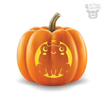 Coquette Bow Frog Pumpkin Stencil carving preview featuring a cute round frog with big eyes, smiling face and bow glowing on an orange pumpkin.