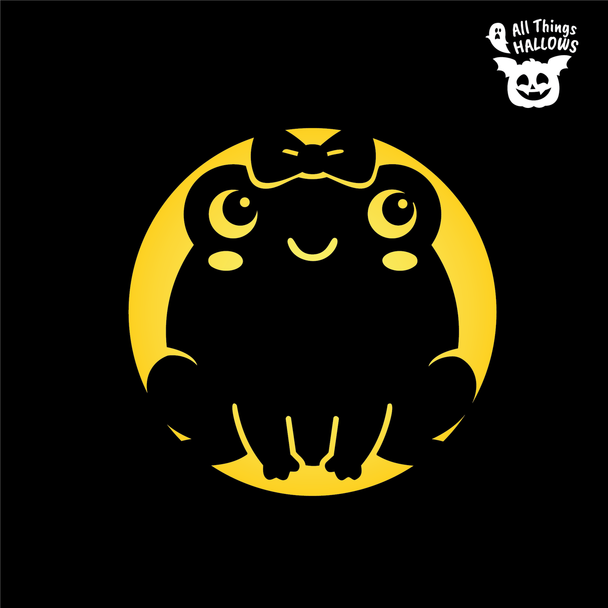 Coquette Bow Frog Pumpkin Stencil design featuring a round kawaii frog with large eyes, smiling face, cheek details and decorative bow.