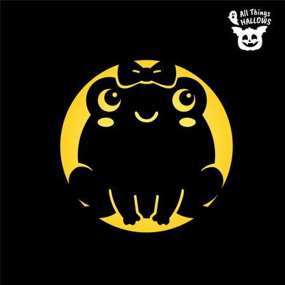 Coquette Bow Frog Pumpkin Stencil design featuring a round kawaii frog with large eyes, smiling face, cheek details and decorative bow.