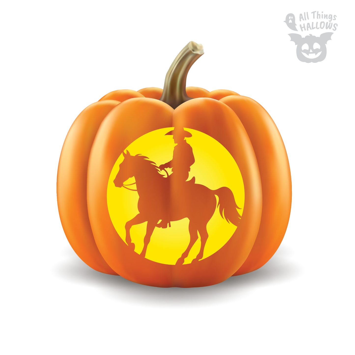 Cowboy Pumpkin Stencil carved into a Halloween pumpkin featuring a silhouette of a cowboy riding a horse, printable PDF template for western themed pumpkin carving.