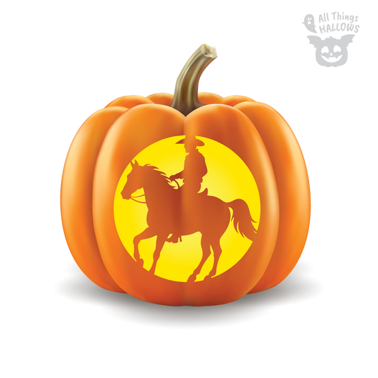 Cowboy Pumpkin Stencil carved into a Halloween pumpkin featuring a silhouette of a cowboy riding a horse, printable PDF template for western themed pumpkin carving.