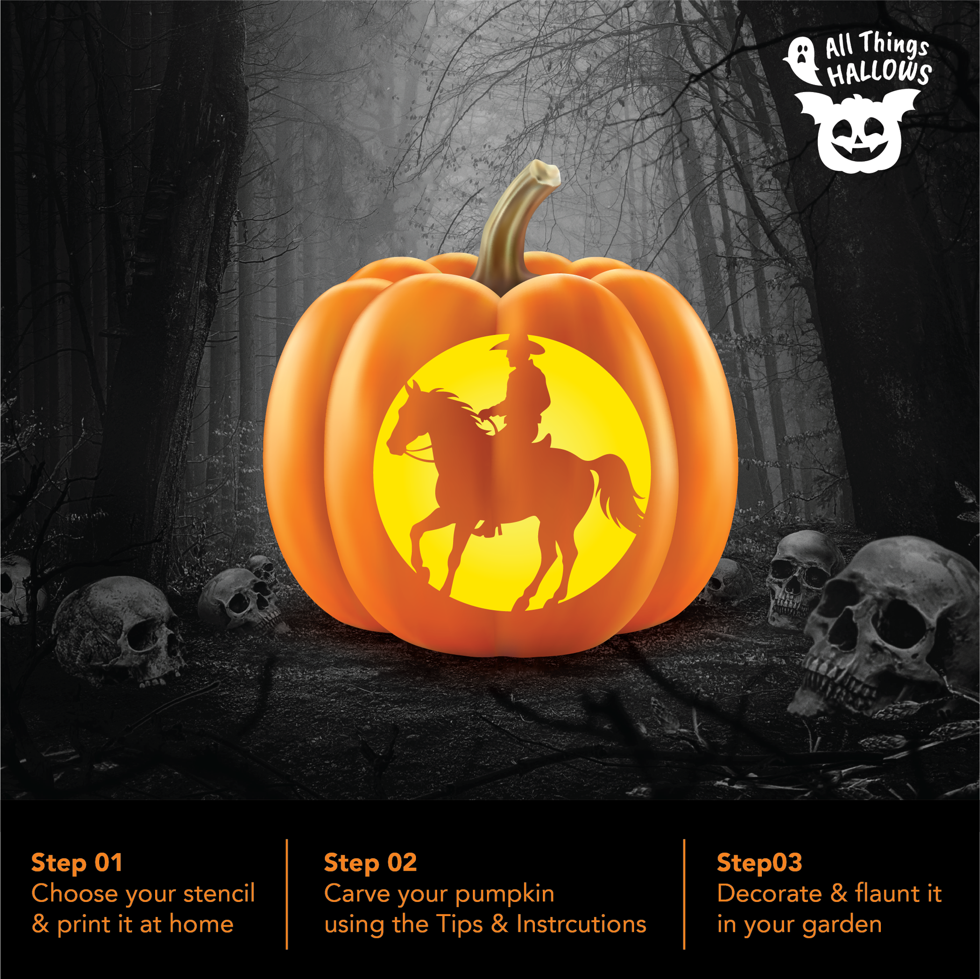 Finished Cowboy pumpkin carving displayed in a spooky Halloween forest, featuring a glowing silhouette of a cowboy riding a horse.