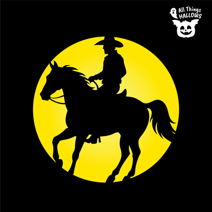 Cowboy Pumpkin Stencil design featuring a western cowboy riding a horse silhouette inside a circular background, printable PDF for Halloween pumpkin carving.