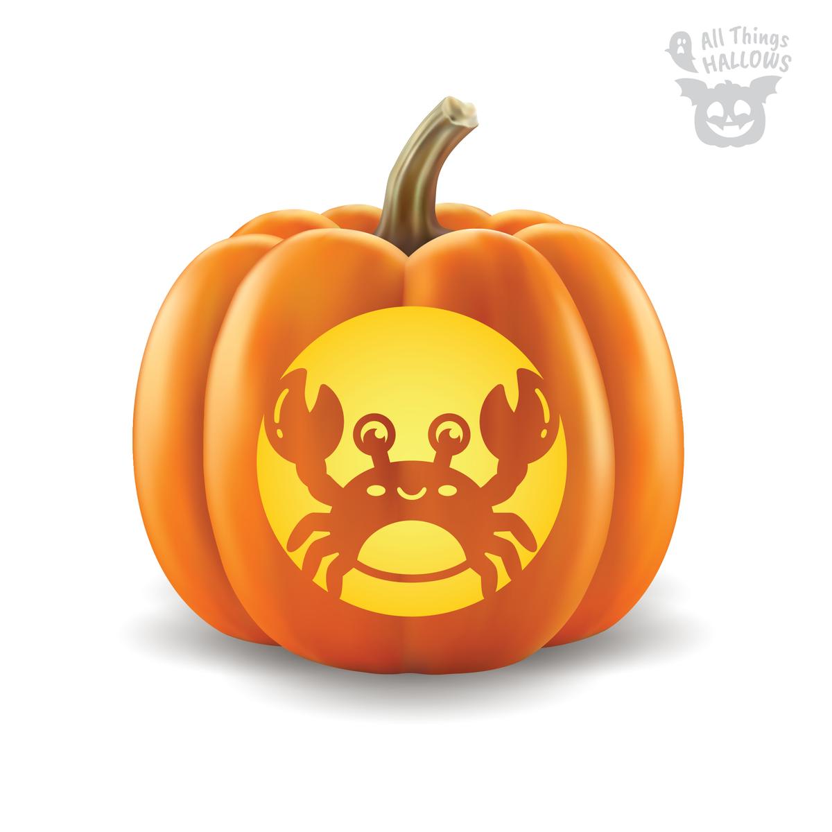 Crab Pumpkin Stencil carving preview showing a cute smiling crab with raised claws glowing on an orange Halloween pumpkin.