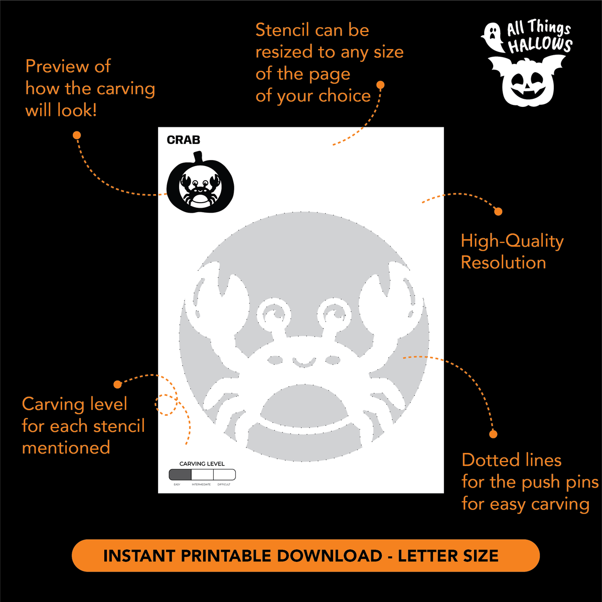 Printable Crab Pumpkin Stencil template showing the cute crab carving pattern with dotted transfer lines, resizing information and carving level.