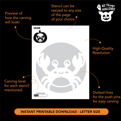 Printable Crab Pumpkin Stencil template showing the cute crab carving pattern with dotted transfer lines, resizing information and carving level.