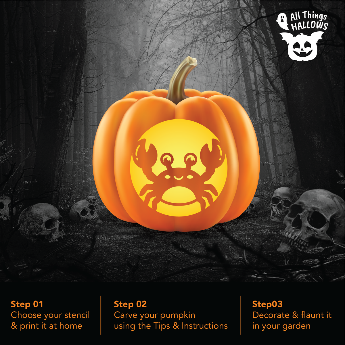 Crab Pumpkin Stencil carved into a glowing orange pumpkin displayed in a dark spooky Halloween forest with skull decorations.