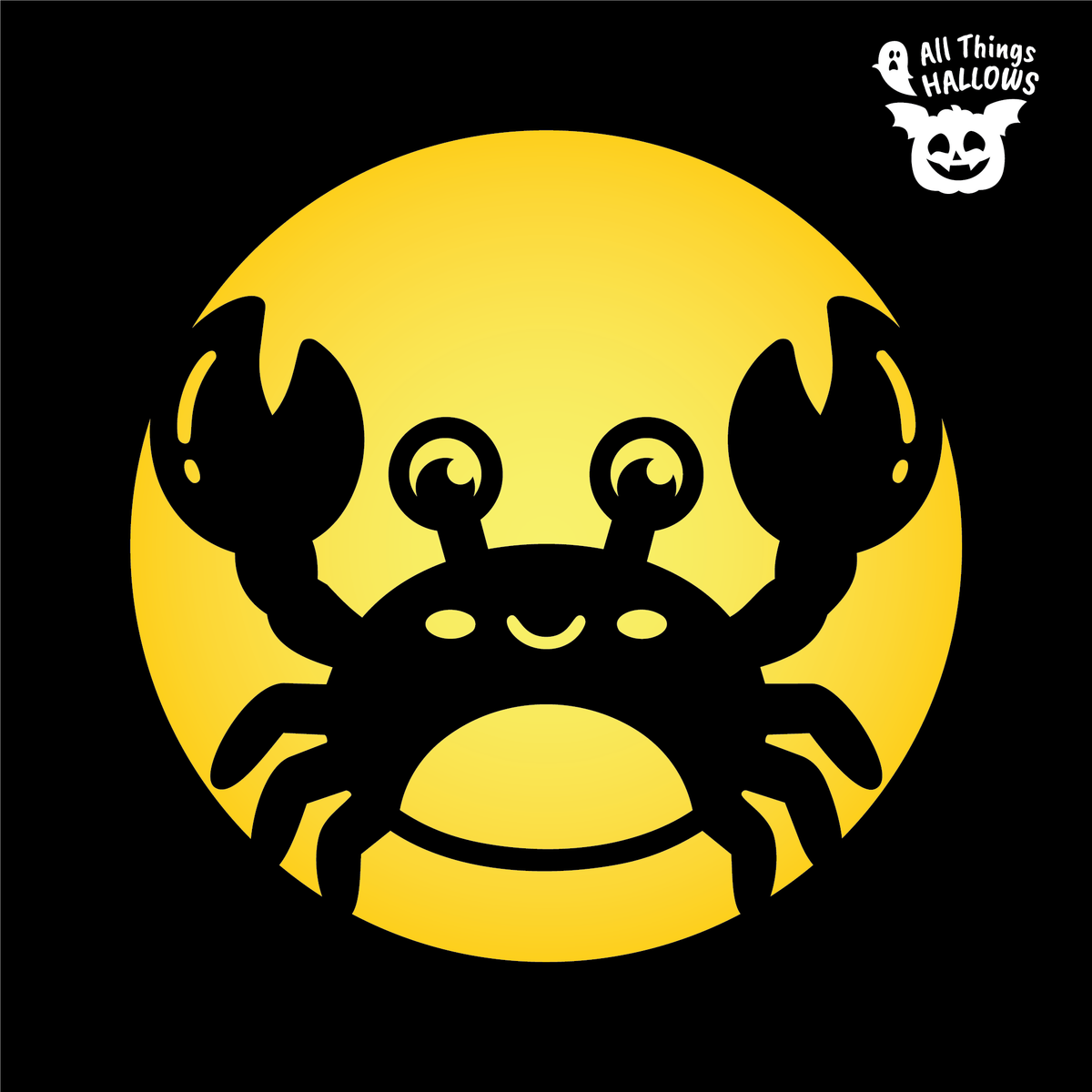 Crab Pumpkin Stencil design featuring a smiling crab with large raised claws, expressive eyes and a circular background.