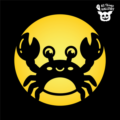 Crab Pumpkin Stencil design featuring a smiling crab with large raised claws, expressive eyes and a circular background.