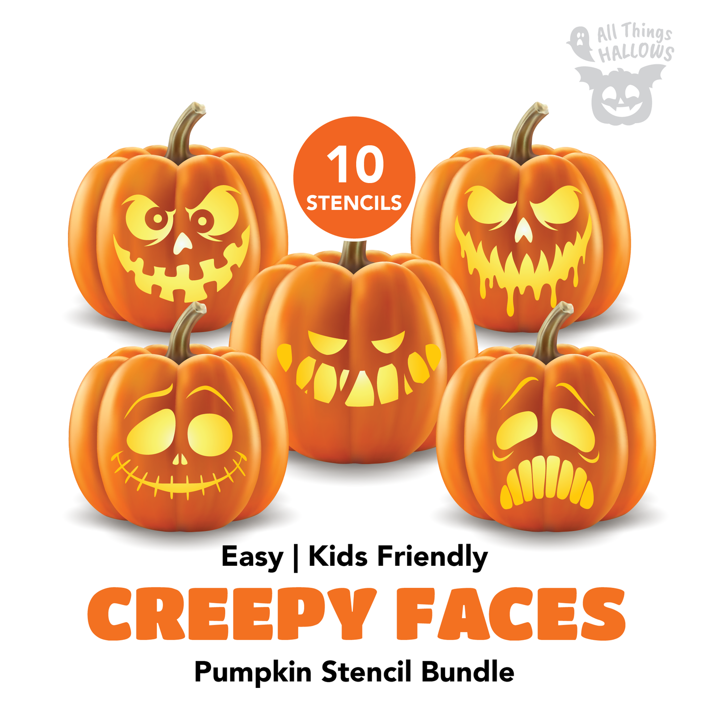 Creepy Faces Pumpkin Stencil Bundle featuring 10 easy kid-friendly Halloween pumpkin carving patterns with scary eyes, teeth and spooky expressions.