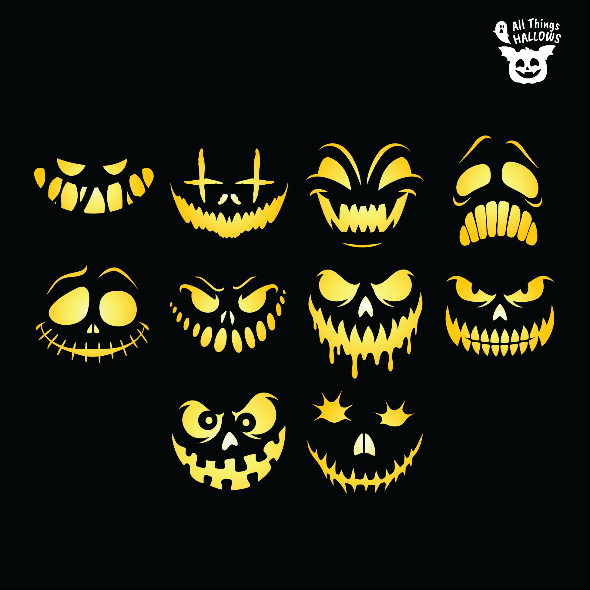 Collection of 10 Creepy Faces Pumpkin Stencils featuring scary grins, sharp teeth, stitched smiles, eerie eyes and spooky jack-o'-lantern expressions.