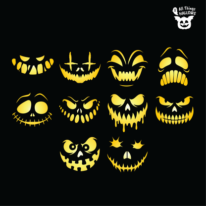 Collection of 10 Creepy Faces Pumpkin Stencils featuring scary grins, sharp teeth, stitched smiles, eerie eyes and spooky jack-o'-lantern expressions.