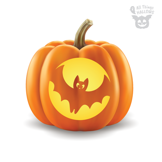 Cute Spider Pumpkin Stencil carved on an orange pumpkin featuring a smiling spider hanging in front of a glowing circular background.