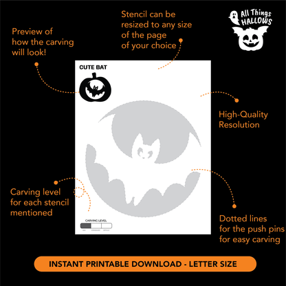 Printable Cute Spider Pumpkin Stencil showing the hanging spider carving pattern, dotted guidelines, resizing information and carving level.