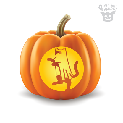 Cat Ghost Pumpkin Stencil carved into an orange pumpkin featuring a cute cat wearing a ghost costume with paws, legs and a curled tail.