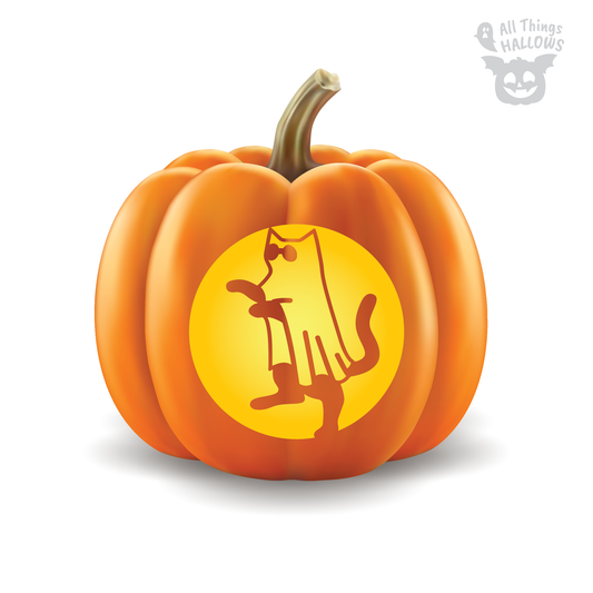 Cat Ghost Pumpkin Stencil carved into an orange pumpkin featuring a cute cat wearing a ghost costume with paws, legs and a curled tail.