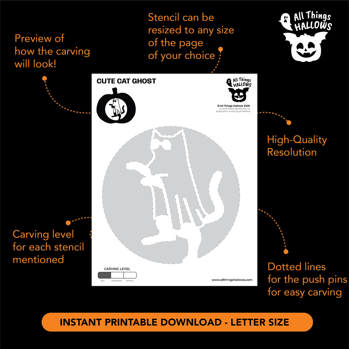Printable Cat Ghost Pumpkin Stencil template showing the cat carving pattern, resizing option, carving level and dotted push-pin guidelines.