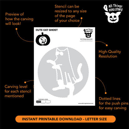 Printable Cat Ghost Pumpkin Stencil template showing the cat carving pattern, resizing option, carving level and dotted push-pin guidelines.