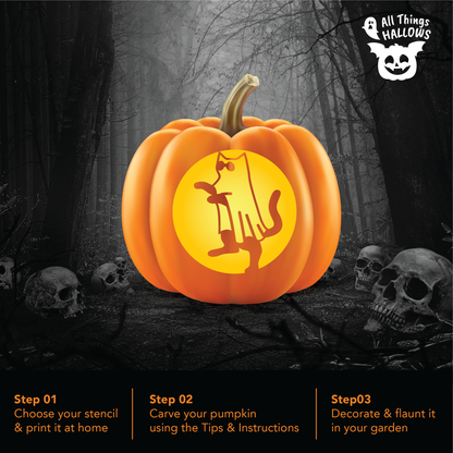 Cat Ghost Pumpkin Stencil glowing on an orange jack-o'-lantern displayed in a spooky dark Halloween forest with skull decorations.