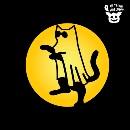 Cat Ghost Pumpkin Stencil design featuring a funny cat dressed in a sheet ghost costume with pointed ears, paws, legs and a curled tail.