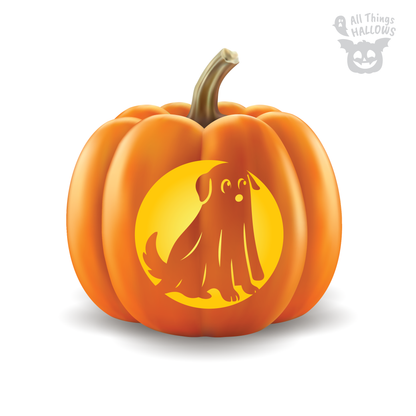 Dog Ghost Pumpkin Stencil carved into an orange pumpkin featuring a cute sitting dog wearing a flowing ghost costume with a glowing circular background.