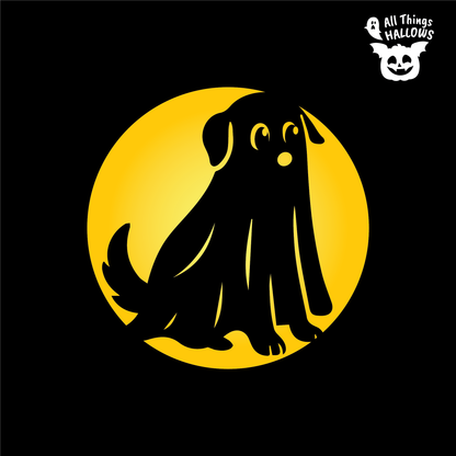 Dog Ghost Pumpkin Stencil design featuring a sitting dog in a flowing ghost costume with floppy ears, curious eyes and a wagging tail.