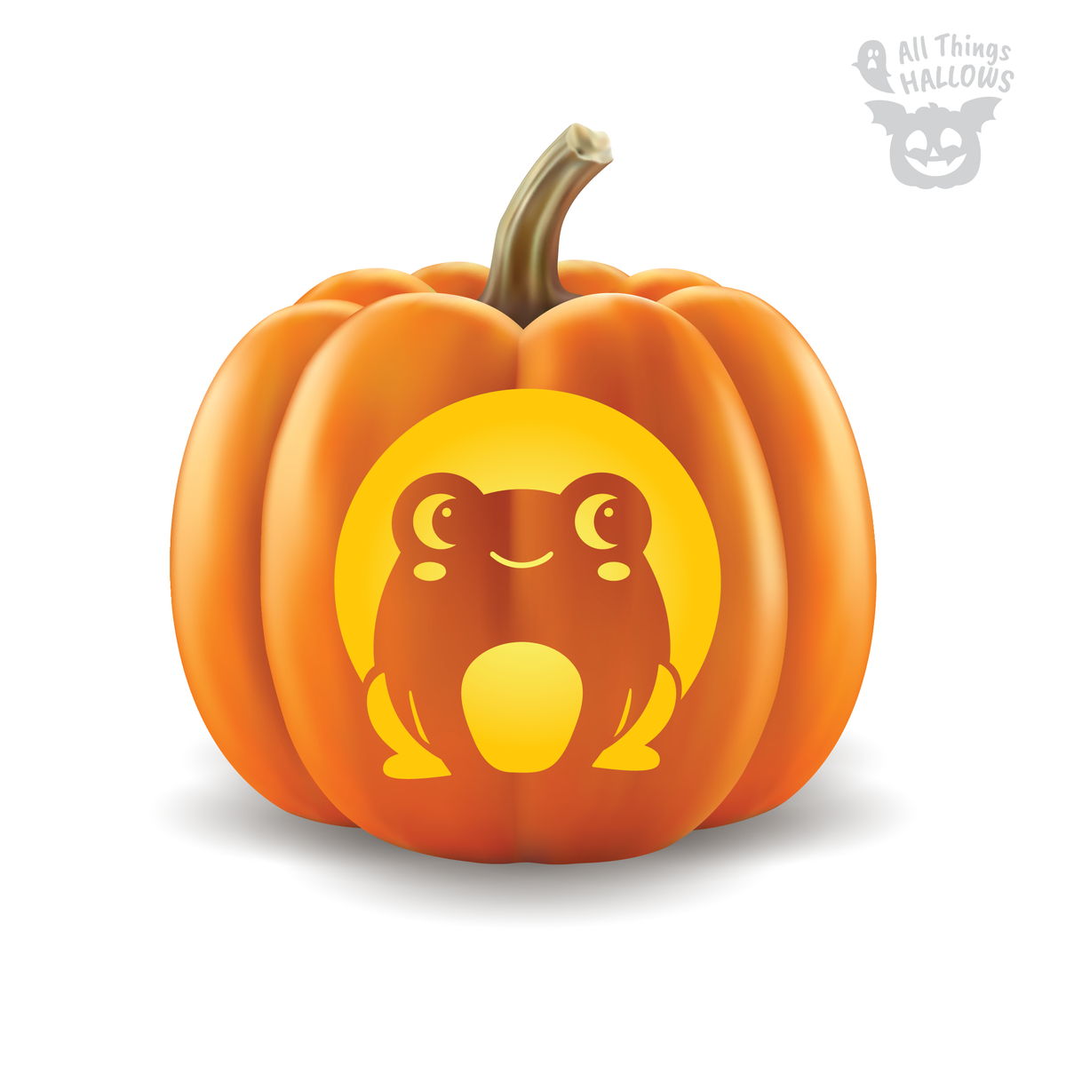 Cute Frog Pumpkin Stencil preview showing an adorable smiling frog design glowing on an orange Halloween pumpkin.