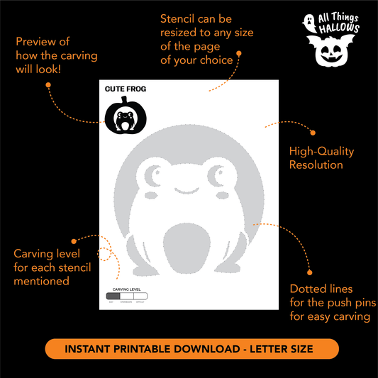 Printable Cute Frog Pumpkin Stencil with frog pattern, carving level, resizing information and push pin transfer guidelines.