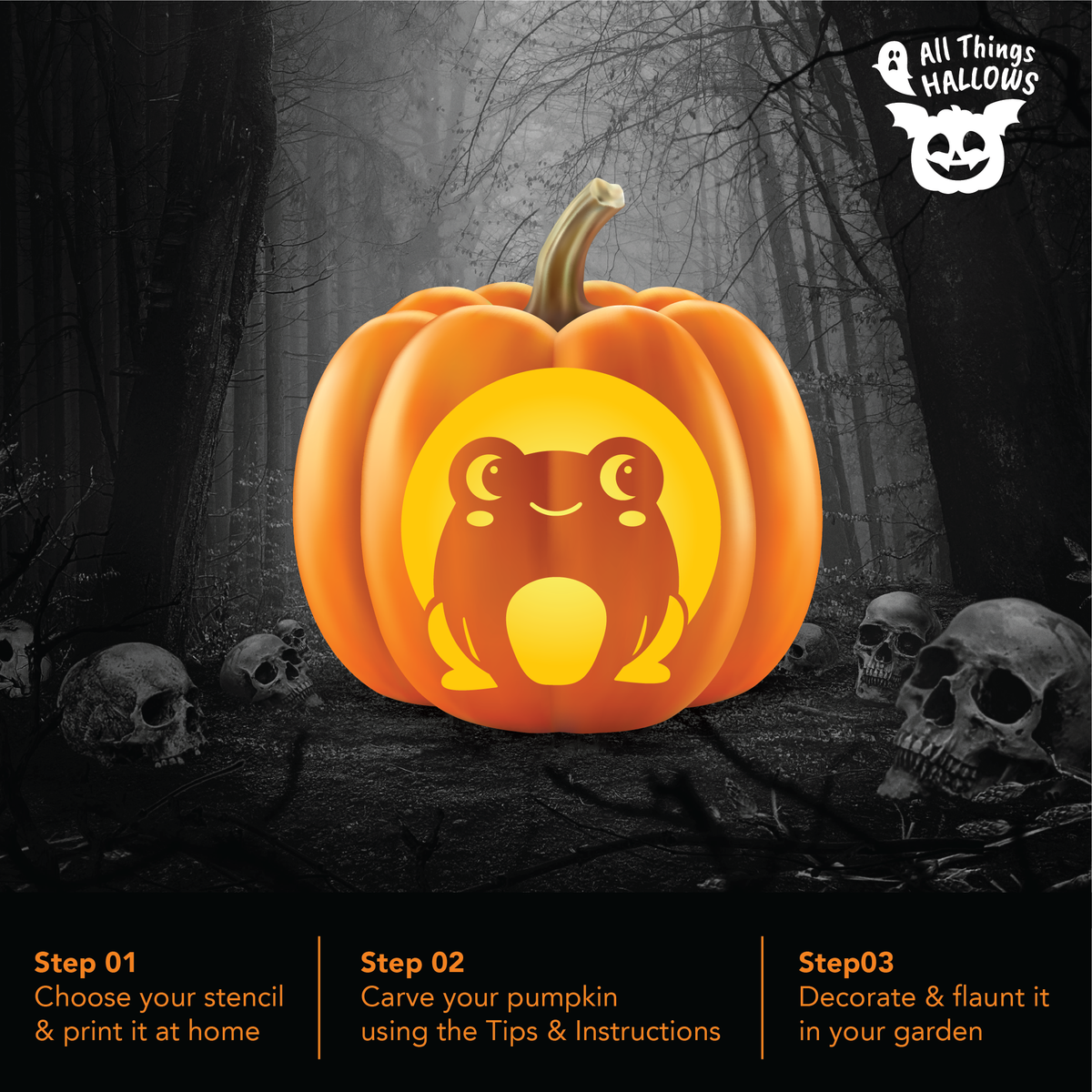 Cute Frog Pumpkin Stencil carved on an orange pumpkin displayed in a spooky Halloween forest surrounded by skull decorations.