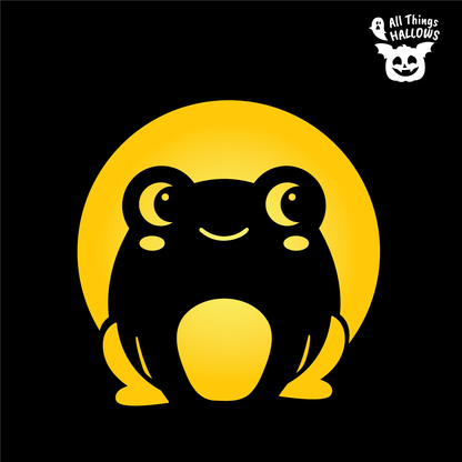 Cute Frog Pumpkin Stencil design showing a smiling wide-eyed frog with a rounded body and glowing yellow background.